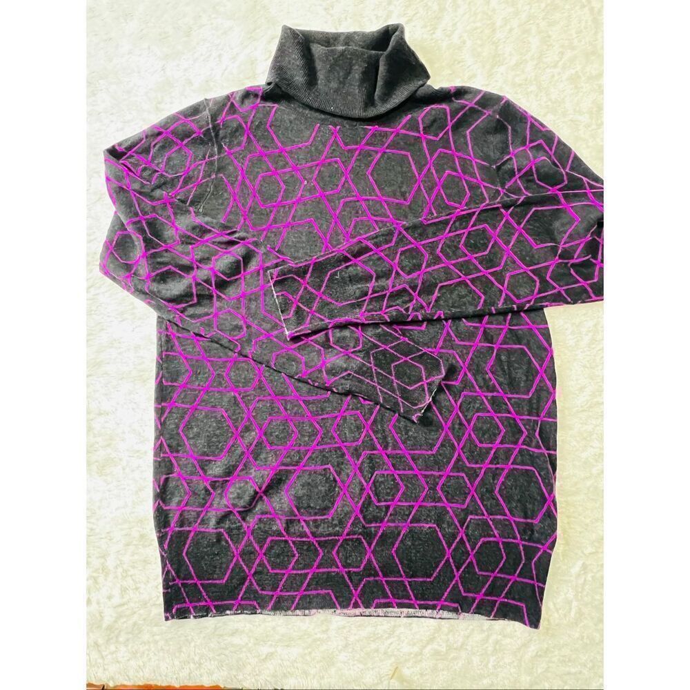 J. Crew Womens Black Purple Merino Wool Geometric Turtleneck Sweater Size Large